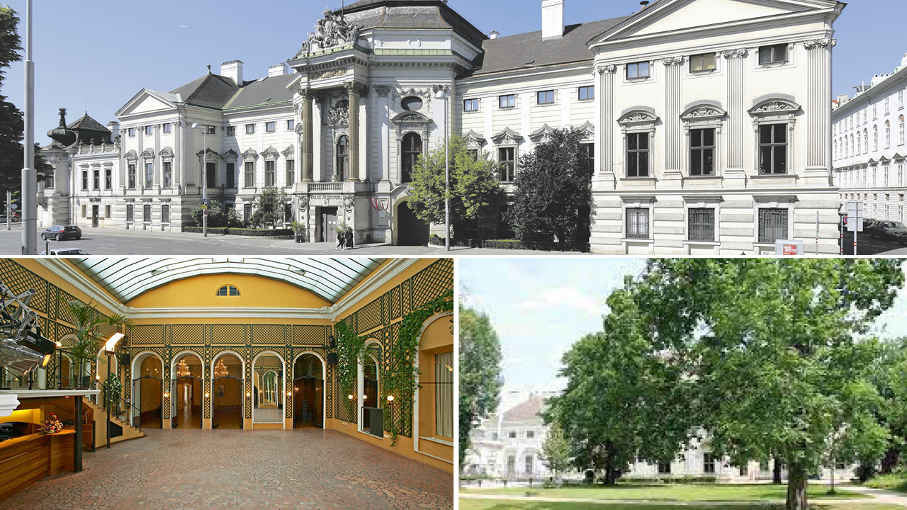 Palais Auersperg, Foto1: Außenansicht, Foto2: Fassade, Foto3: im Inneren, Eingangshalle, Foto4: Garten des Palais