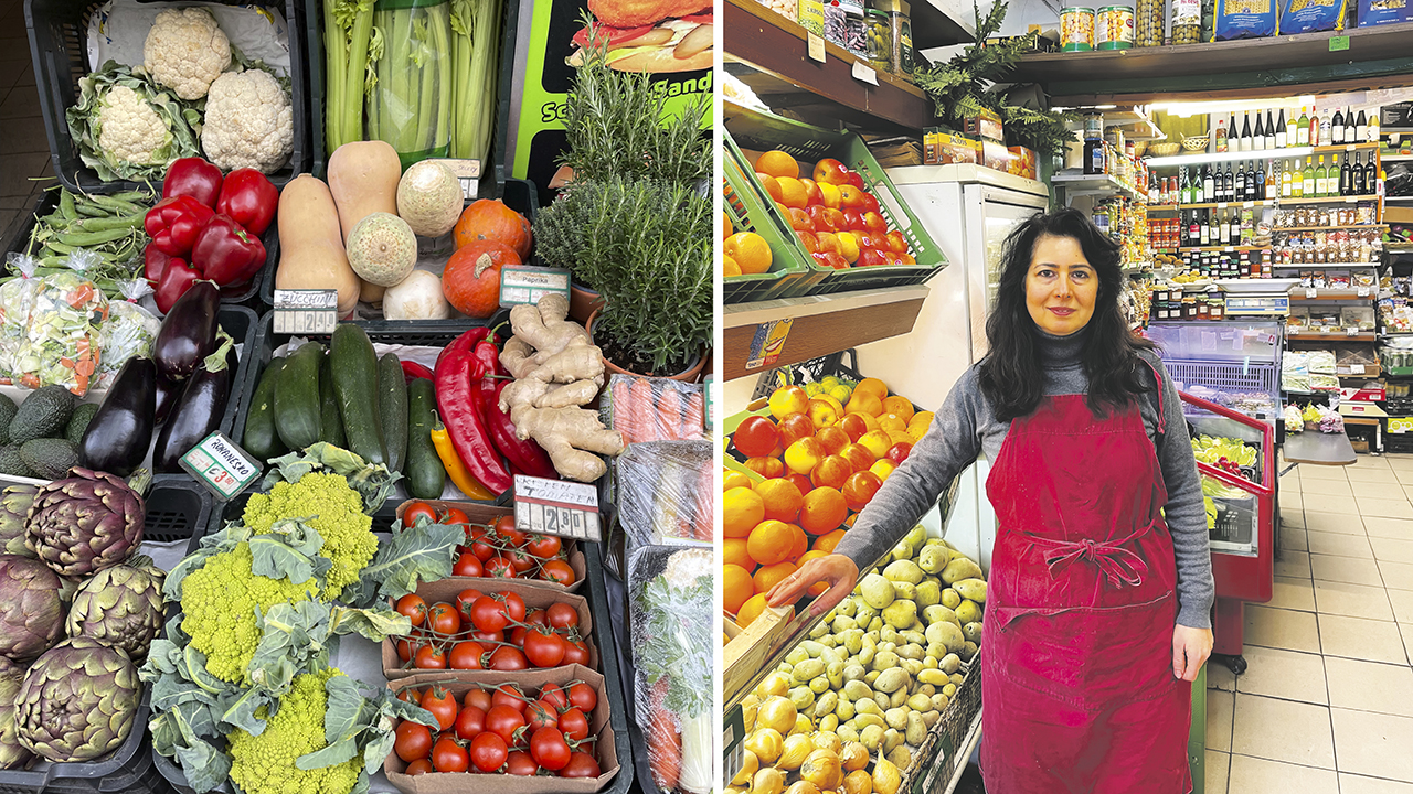 Foto 1: eine Vielfalt an Gemüse, Foto 2: die Besitzerin, des Gemüsegeschäfts, Frau Malaev, steht mit einer roten Schürze in ihrem Geschäft, im Hintergrund sieht man Regale mit Flaschen und Gewürzen