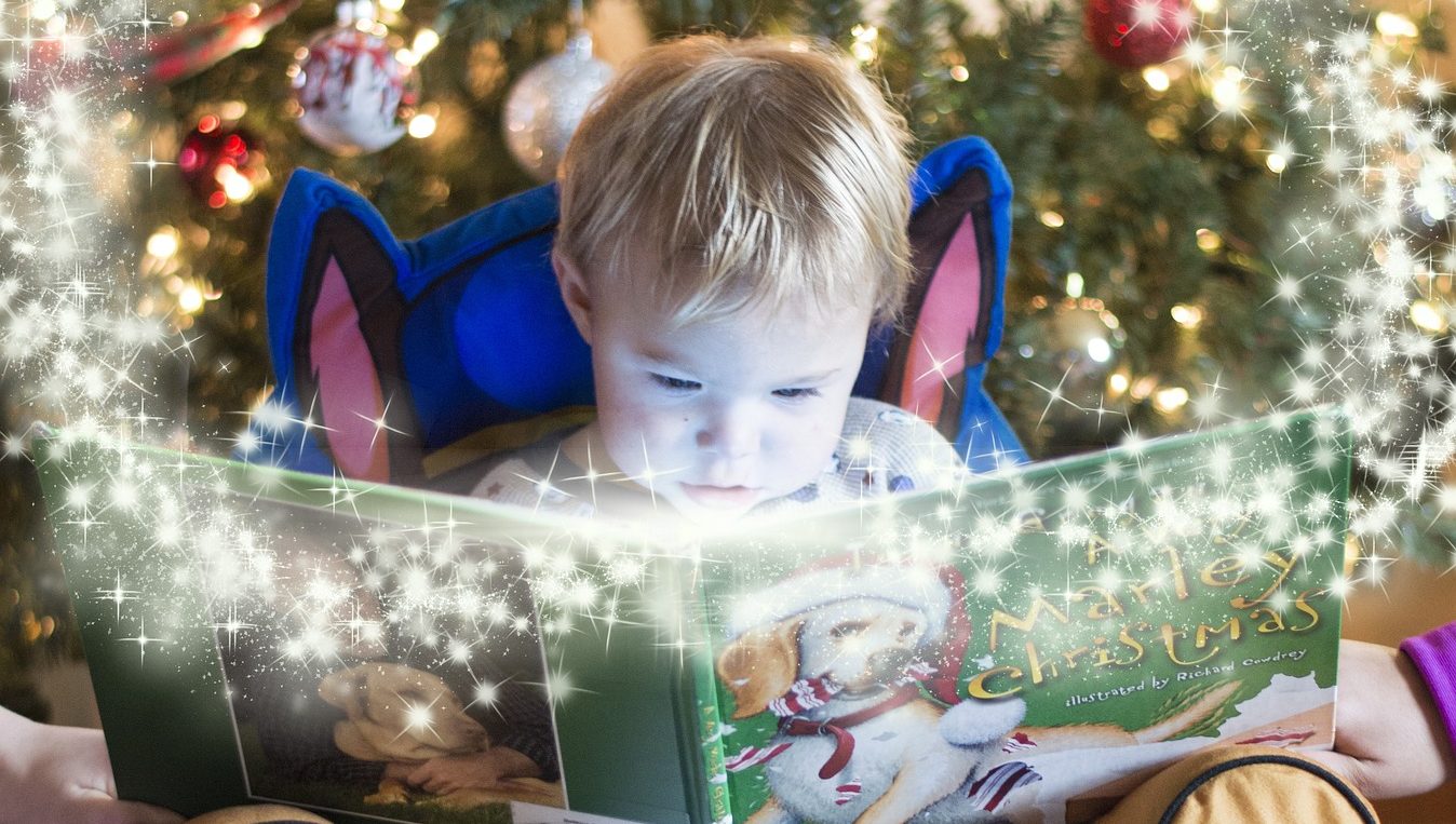 Ein blondes Kleinkind sitzt im Pyjama auf einem Kinderfauteuil, im Hintergrund ein geschmückter Weihnachtsbaum. Das Kind schaut konzentriert in ein Bilderbuch mit grün gehaltenem Umschlag - auf Vorder- und Hinterseite ist jeweils ein Hund abgebildet.