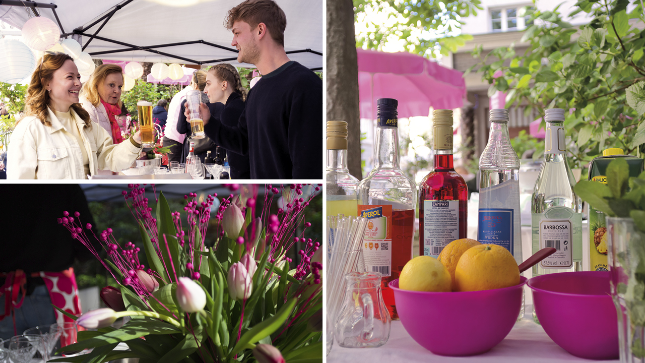Fotocollage: oben links eine junge Frau und ein junger Mann geben Getränke an zwei Frauen. Unten links: rosa Tulpen mit pinken Deko-Pflanzen. Rechts: Flaschen mit alkohol. Getränken, davor eine Schüssel mit Zitrusfrüchten