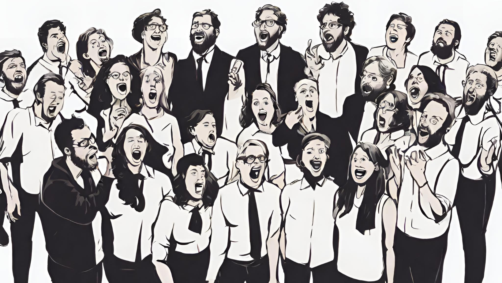 schwarz/weißes Animationsbild eines gemischt-geschlechtlichen Chores; alle Mitglieder haben den Mund singend geöffnet